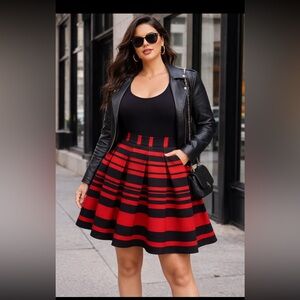 Red Black Striped Skater Skirt XL Pleated Fit Flare A-Line